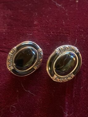 Black Oval Stone Clip Earrings with Silver-Tone Accents